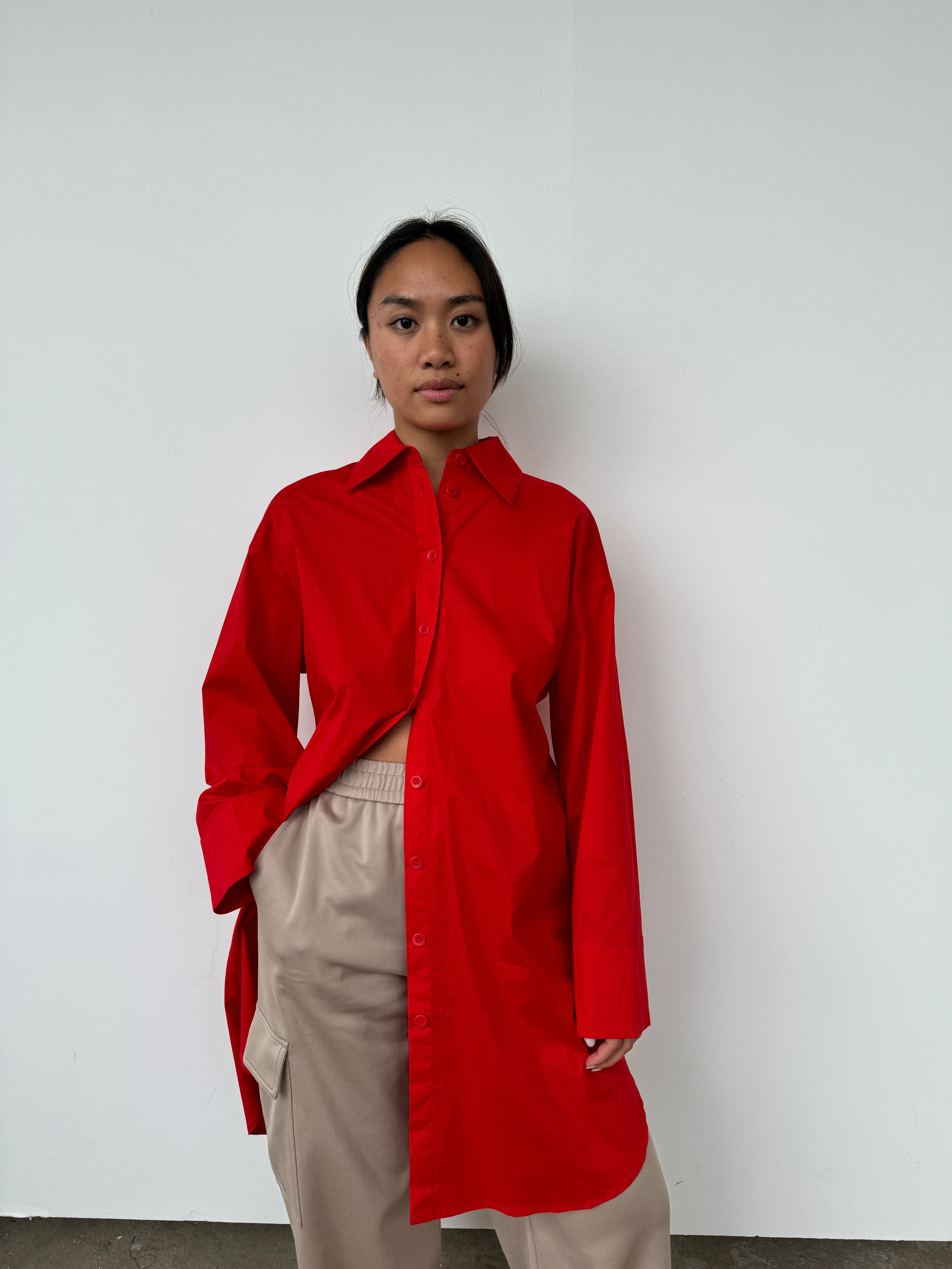 PROENZA SCHOULER WHITE LABEL RED POPPLIN BUTTON DOWN SHIRT DRESS SMALL